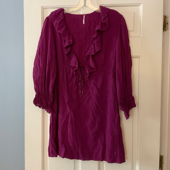 Free People Morning Light Mini Dress Purple Ruffled Tie V Neck Boho Size S - Picture 3 of 11